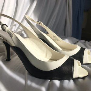 Never worn, cute slingback black & white heels